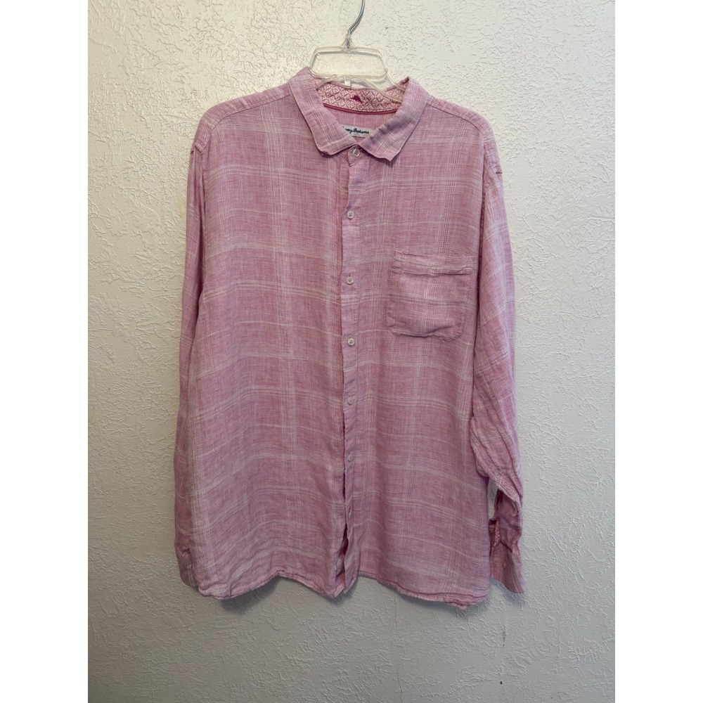 Tommy Bahama Mens XXL Pink 100% Linen Plaid Long Sleeve Button Down Shirt